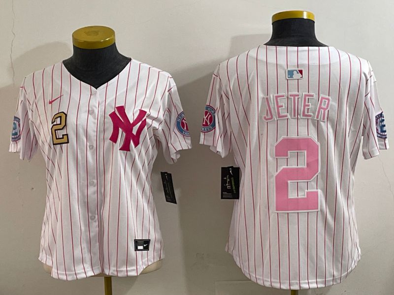 Women 2025 New York Yankees #2 Jeter White pink Joint Name Nike MLB Jersey style 4